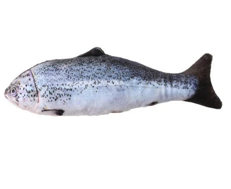 Soft, durable and realistic cat plush toy in the shape of a fish pillow, available in various sizes and designs.