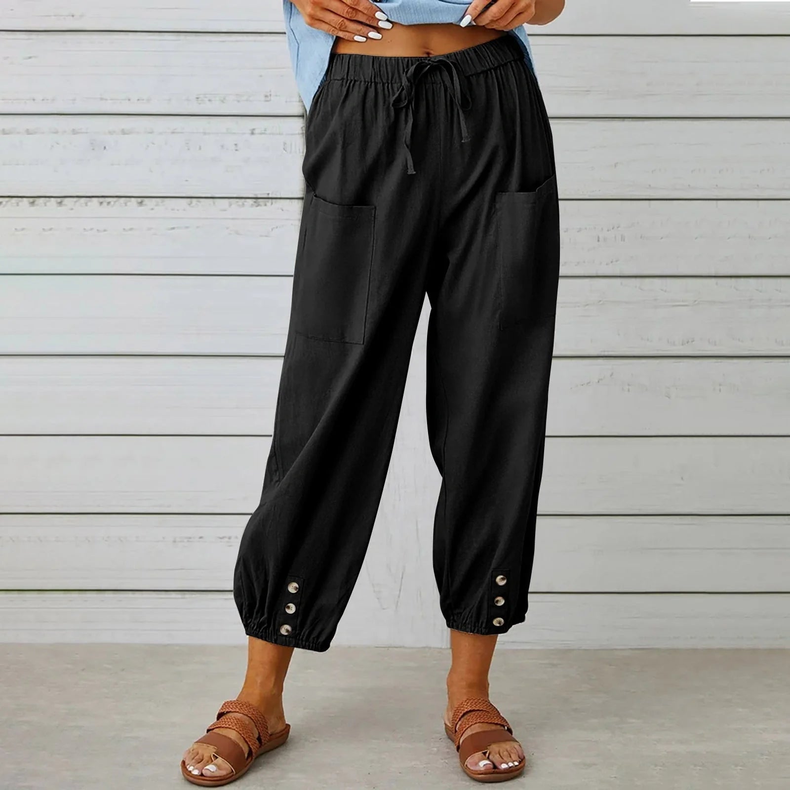 Women's cotton and linen drawstring tie pants with pockets, available in multiple colours and sizes.