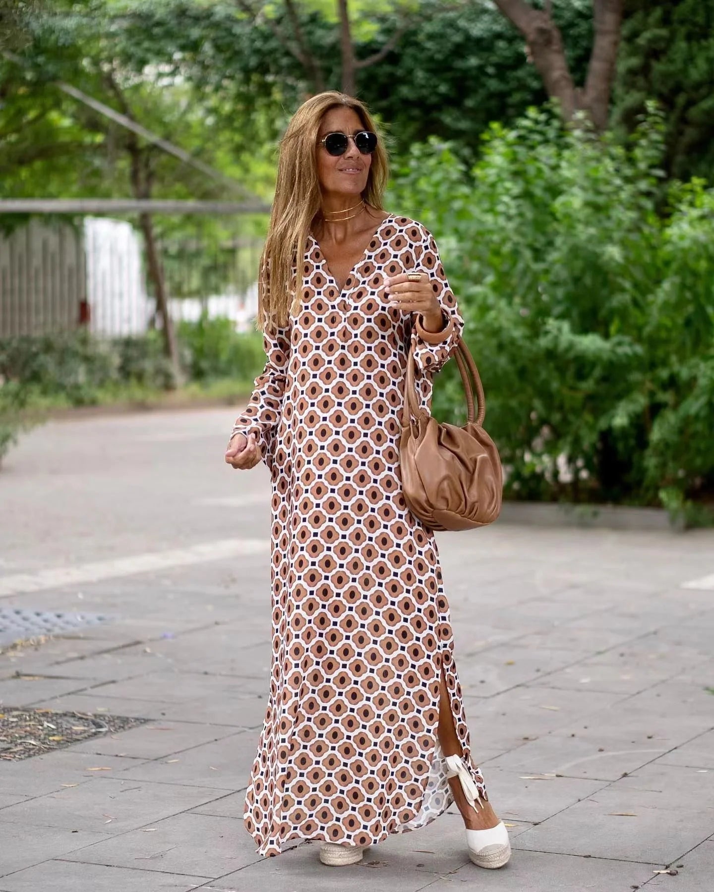 Stylish women's geometric print V-neck long dress in various colours