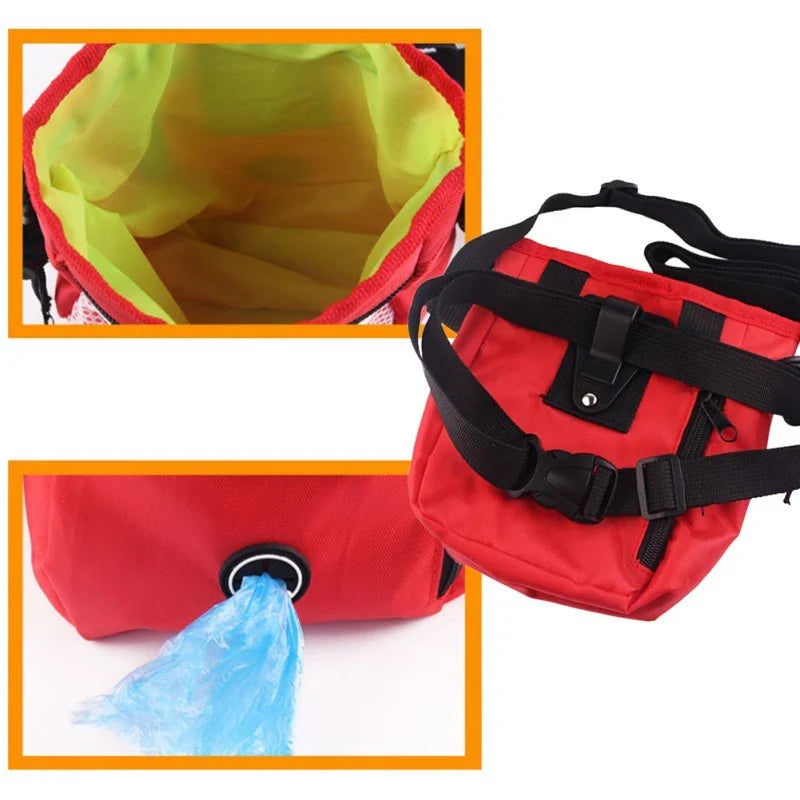 Durable dog walking pouch with drawstring pocket, adjustable belt buckle, and spacious design for carrying essentials