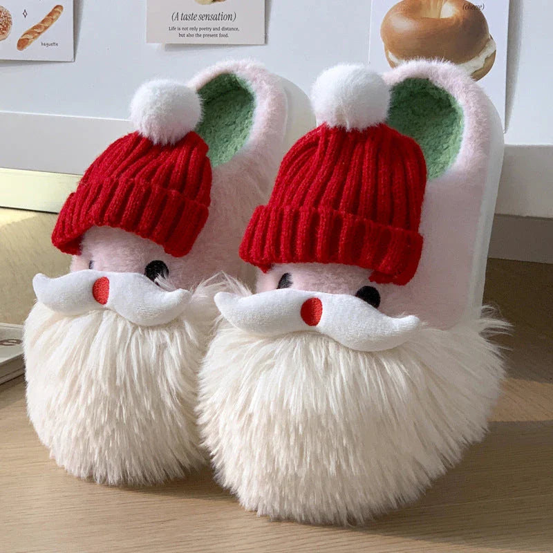 Festive Santa Claus-themed slippers with plush uppers and non-slip EVA soles for cozy, comfortable indoor wear