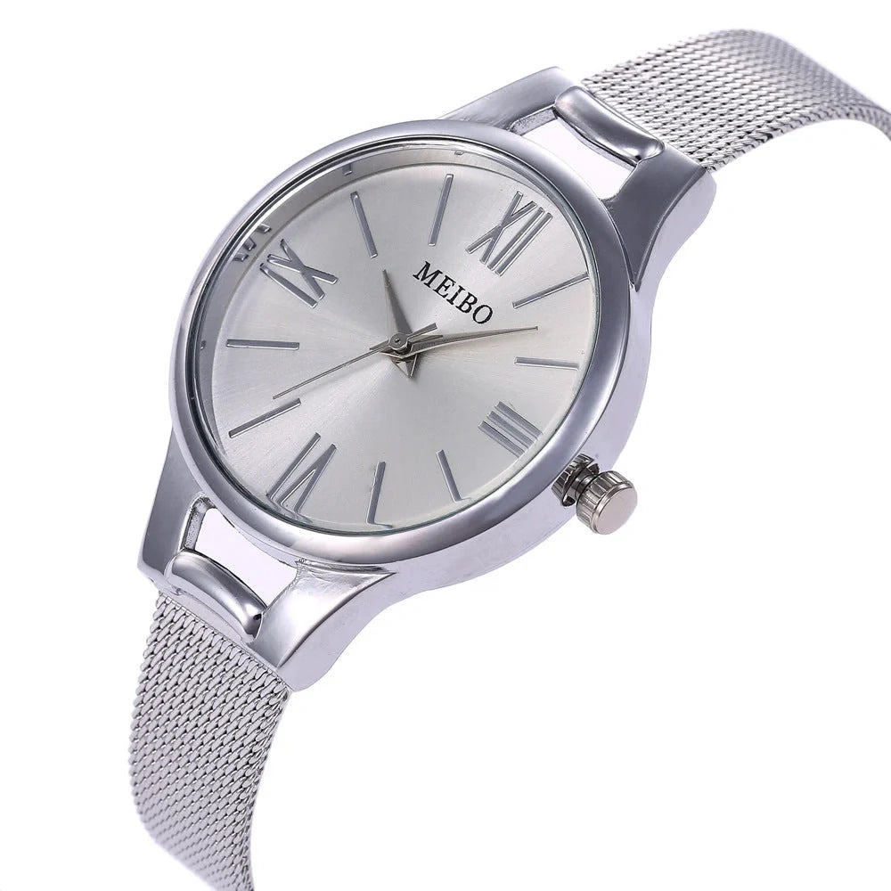 Elegant rose gold stainless steel mesh watch for women with precise quartz movement
