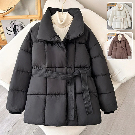 Women's Warm Lapel Plaid Coat with Belt in Black, White, and Brown