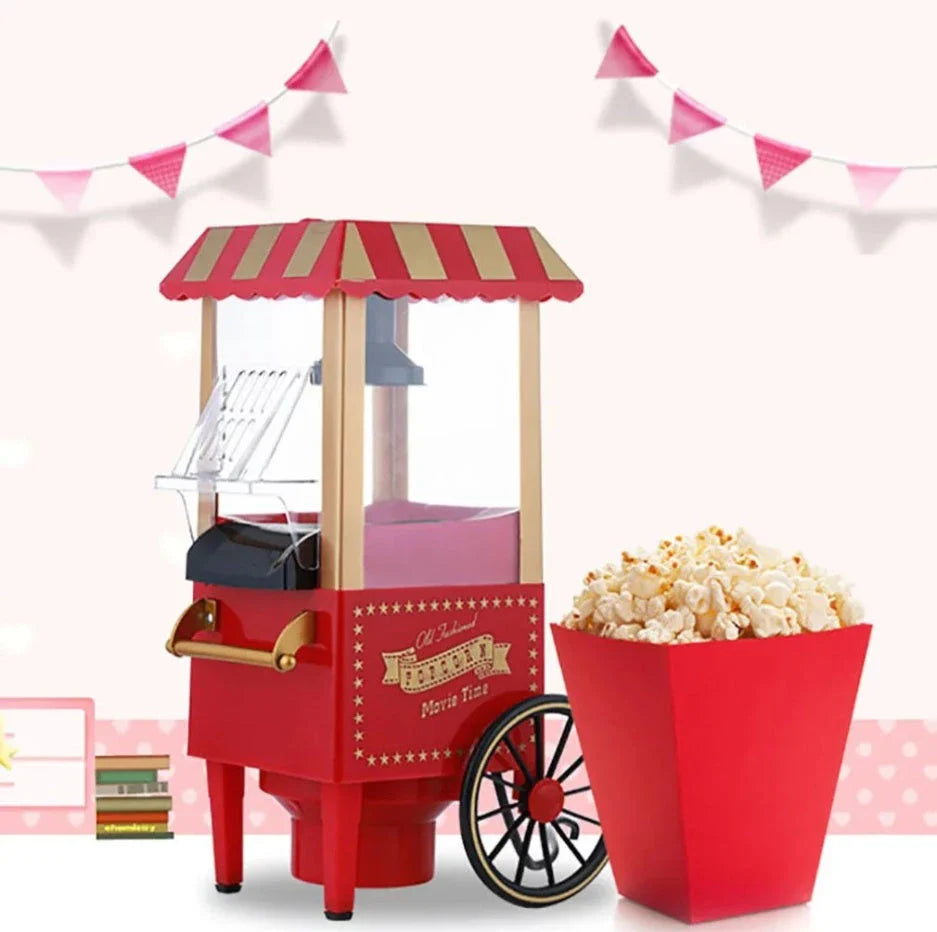 Retro-style popcorn maker with a classic car-inspired design, featuring a hot air popping mechanism for healthier, oil-free popcorn
