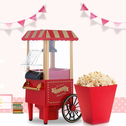 Retro-style popcorn maker with a classic car-inspired design, featuring a hot air popping mechanism for healthier, oil-free popcorn