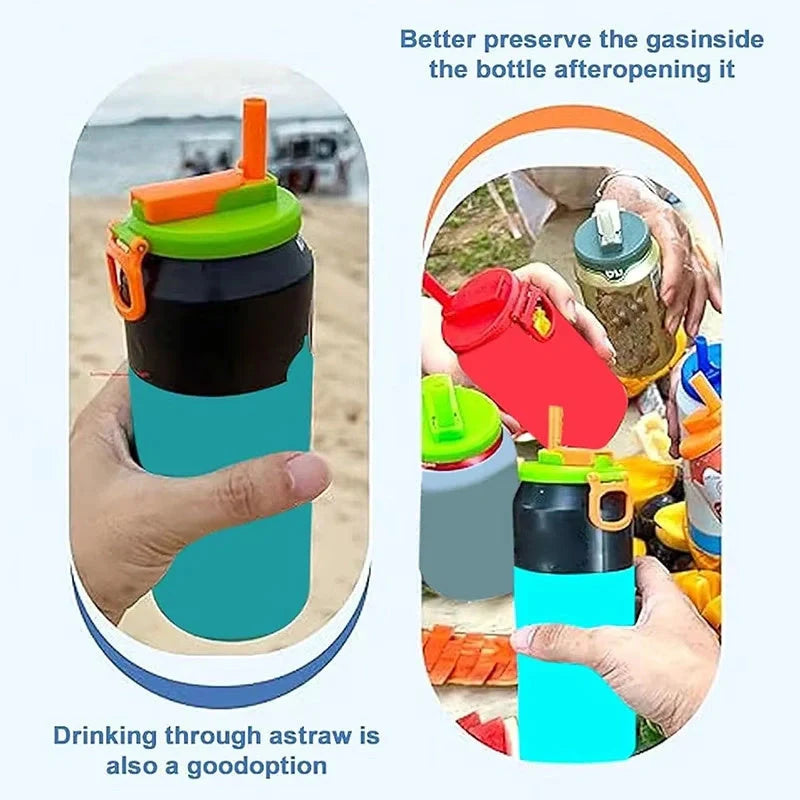 Reusable soda can lid with straw in various colours, fitting standard Coke cans