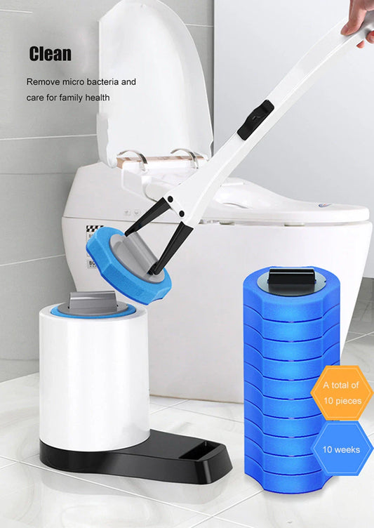 A modern, hygienic toilet cleaning brush with disposable heads and a long handle for easy, hands-free use.