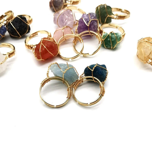 Handcrafted agate stone ring featuring an array of natural gemstones in various colours, with an adjustable design for a customized fit.