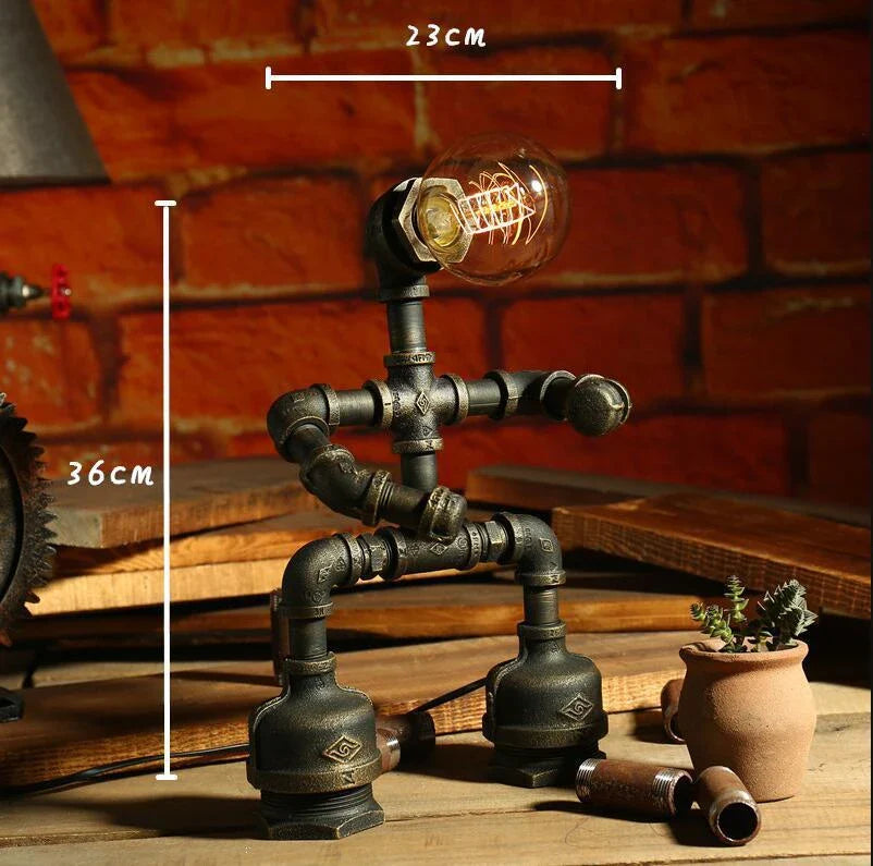 Vintage Industrial Table Lamp with Retro Water Pipe Design in Green Bronze Finish