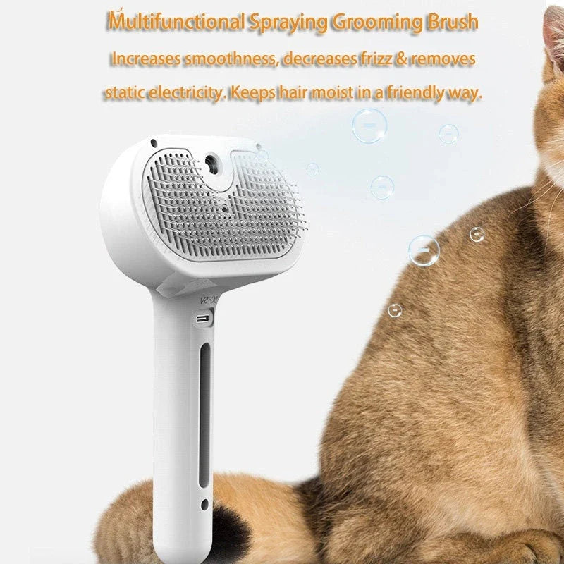 Versatile self-cleaning pet grooming brush with misting humidifier for removing tangles, mats, and loose fur from dogs and cats