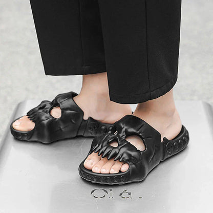 Spooky skull-designed slippers in various colors and sizes for indoor, outdoor, and beach wear