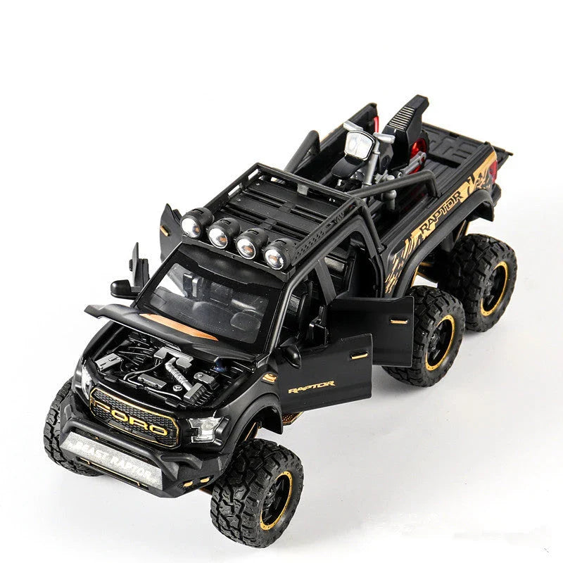 Exquisite 1:28 scale Ford off-road alloy toy car with simulated sound and light effects, damping spring, and six functional doors