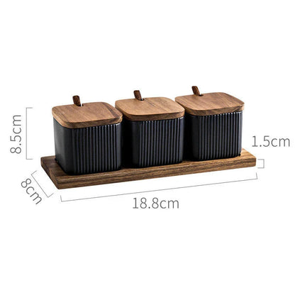 Stylish ceramic seasoning box set with sleek matte finish and airtight lids, perfect for organising spices in a modern British kitchen
