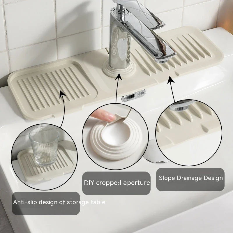 Premium silicone faucet splash guard with sloped design and dual drainage channels to prevent sink splashes and keep countertops dry.