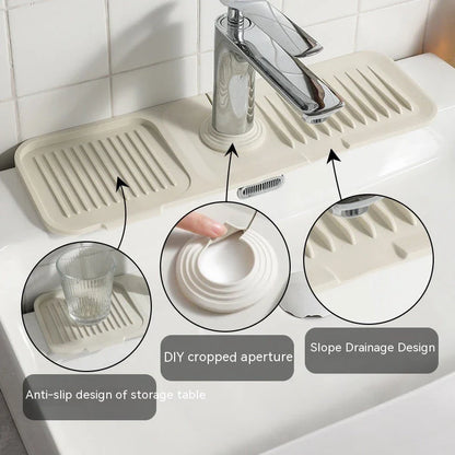 Premium silicone faucet splash guard with sloped design and dual drainage channels to prevent sink splashes and keep countertops dry.