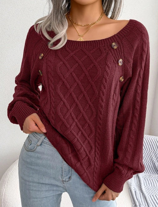 Women's square neck knitted sweater with button design in various colours