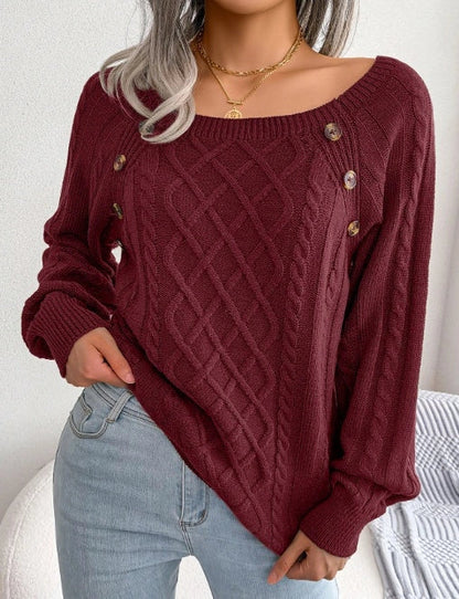 Women's square neck knitted sweater with button design in various colours