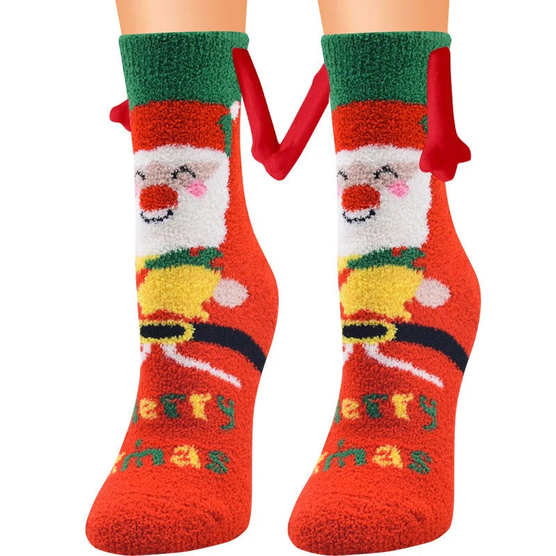 Christmas couple socks with magnetic suction feature for hand holding, festive 3D animal patterns