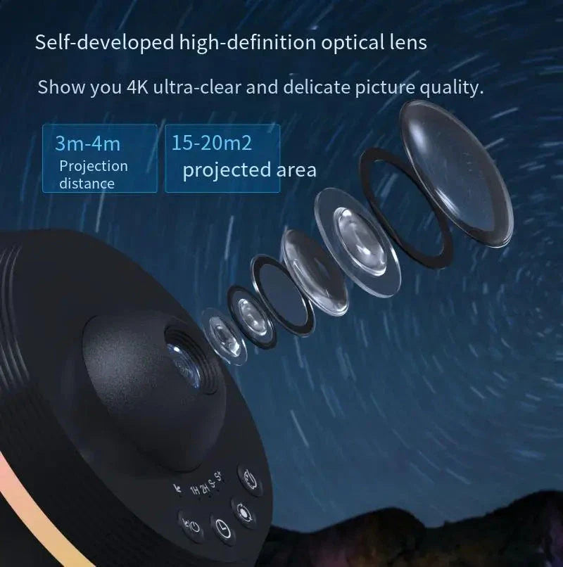 A dynamic galaxy projector that transforms any space into a captivating celestial display with 13 stunning film effects, motorized rotation, and adjustable color modes.