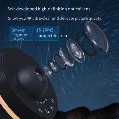 A dynamic galaxy projector that transforms any space into a captivating celestial display with 13 stunning film effects, motorized rotation, and adjustable color modes.