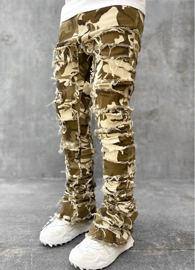 Stylish patched jeans with tight fit and stacked leg design in a variety of fashionable colors