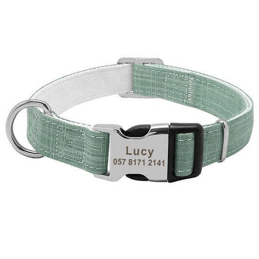 Customisable nylon dog collar with engraved dog tag in various colours
