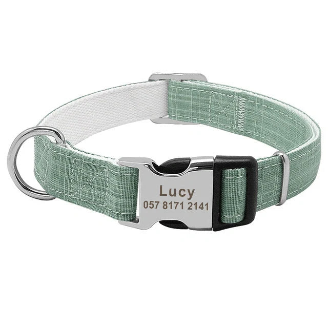 Customisable nylon dog collar with engraved dog tag in various colours