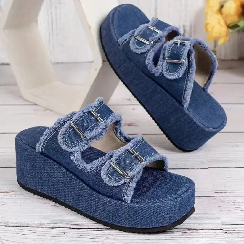 Women's denim buckle wedges sandals with thick bottom and high heel