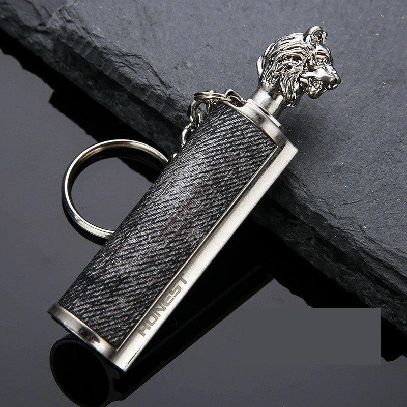 Metal keychain lighter with flint starter and bottle opener in various finishes