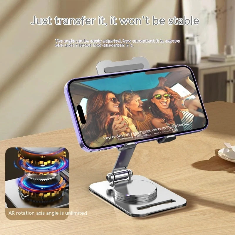 Adjustable 360-degree rotating metal desk phone and tablet stand in black, white, and silver colours