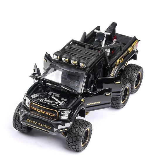 Exquisite 1:28 scale Ford off-road alloy toy car with simulated sound and light effects, damping spring, and six functional doors