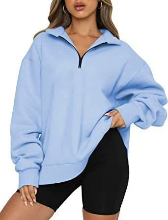 Women's zip turndown collar loose casual sweatshirt in various colours