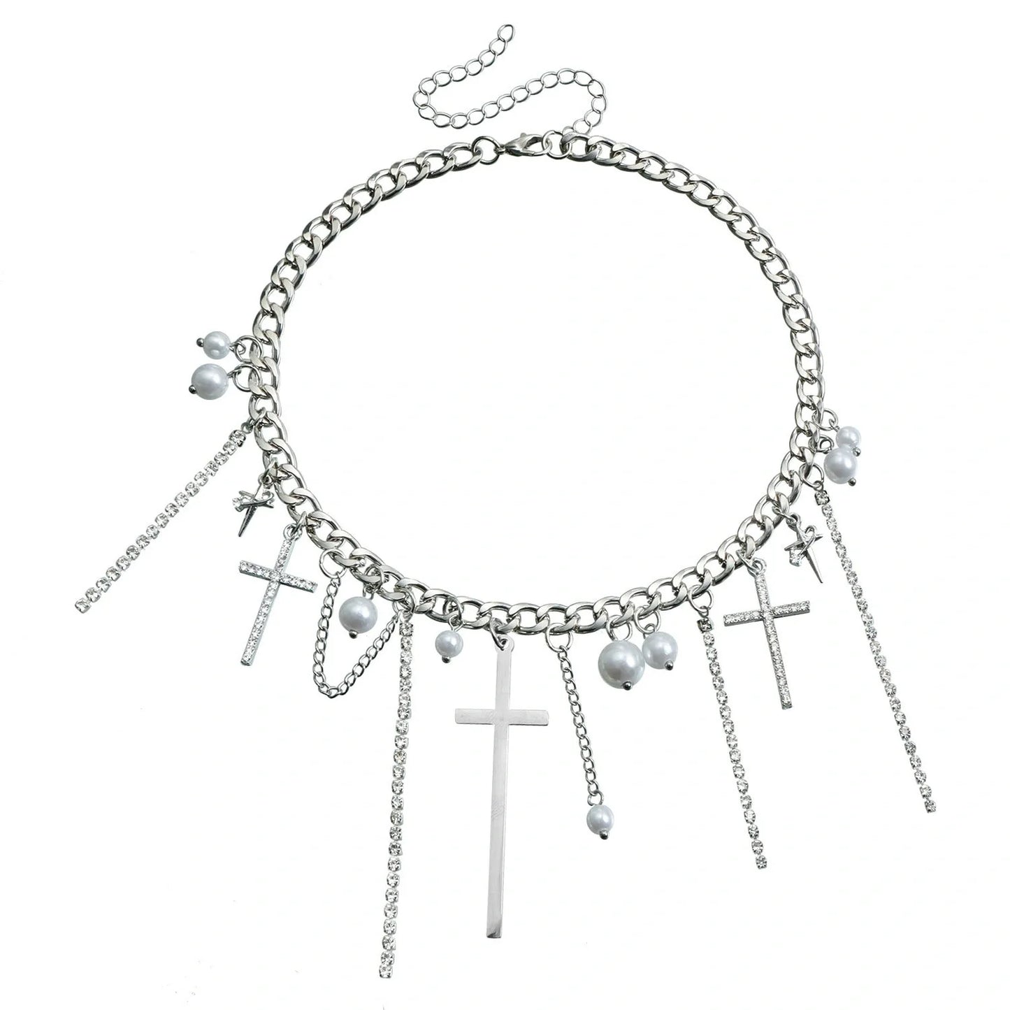 Cross Tassel Pearl Collarbone Chain Necklace in ZW1941 colour