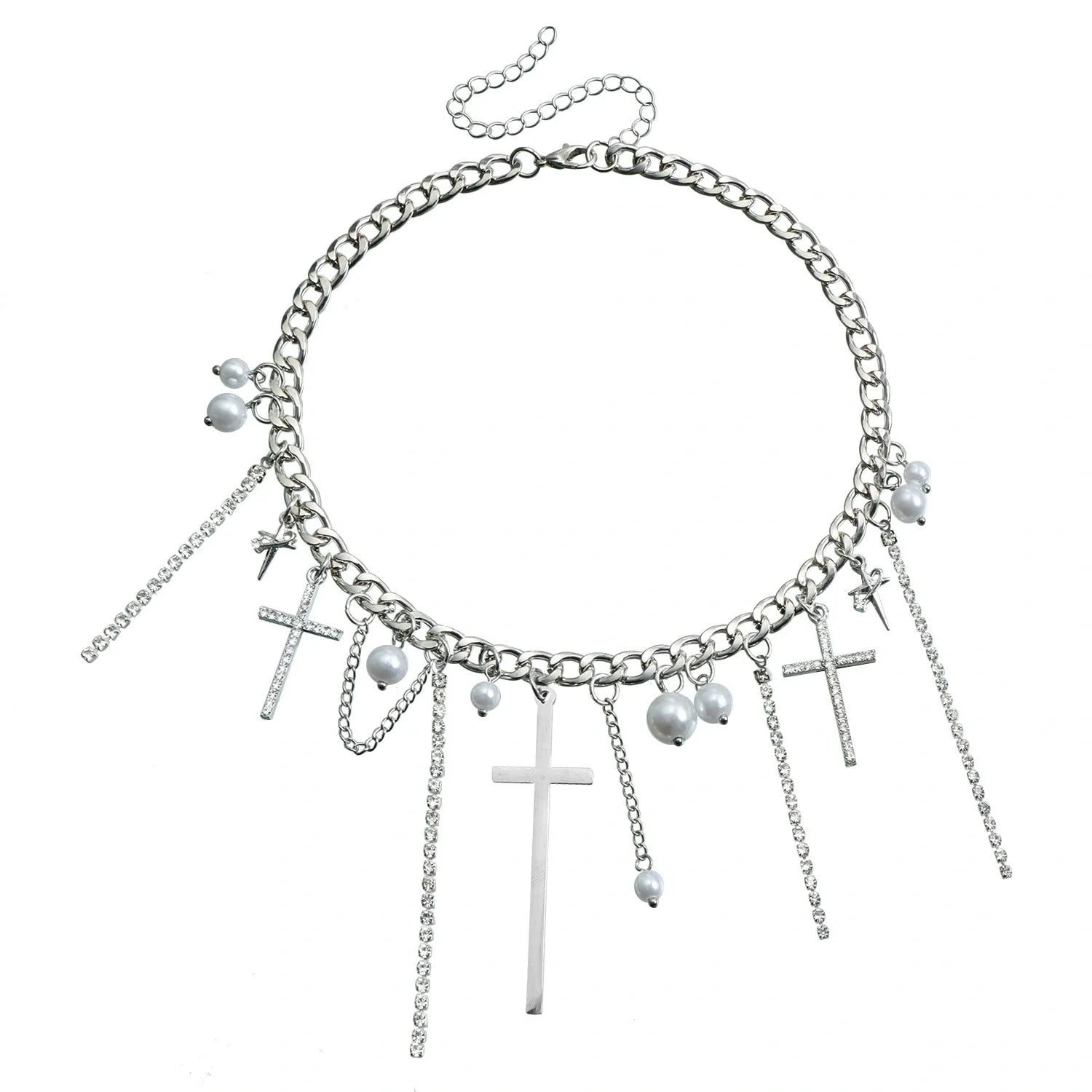 Cross Tassel Pearl Collarbone Chain Necklace in ZW1941 colour