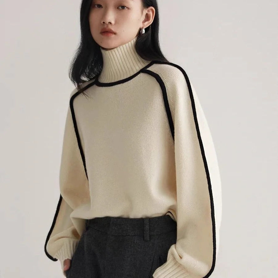 Half turtleneck knitted sweater with three-dimensional design in creamy white, floral brown, gray, and blue