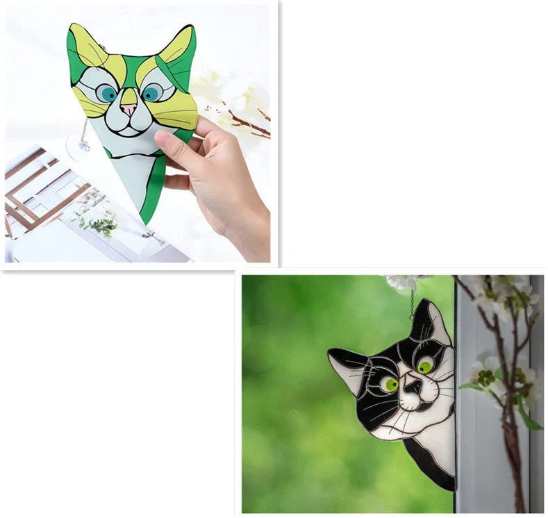 Colourful stained glass cat window hanger decoration, reusable PVC sticker