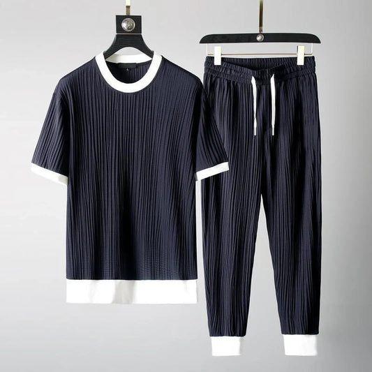 Men's round neck stretch breathable short sleeve sports suit in 888 blue