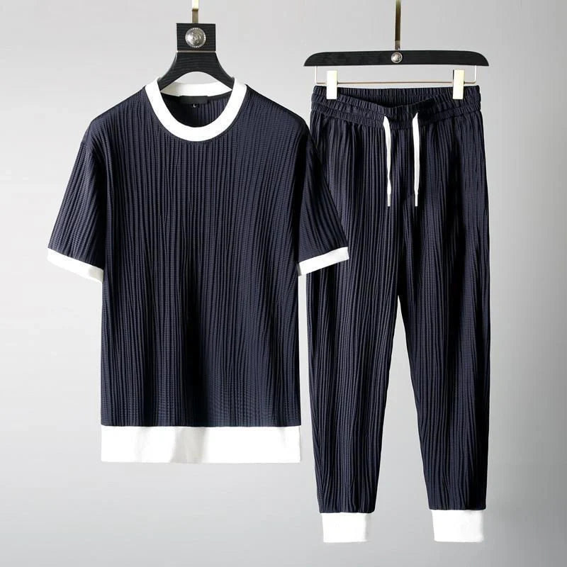 Men's round neck stretch breathable short sleeve sports suit in 888 blue