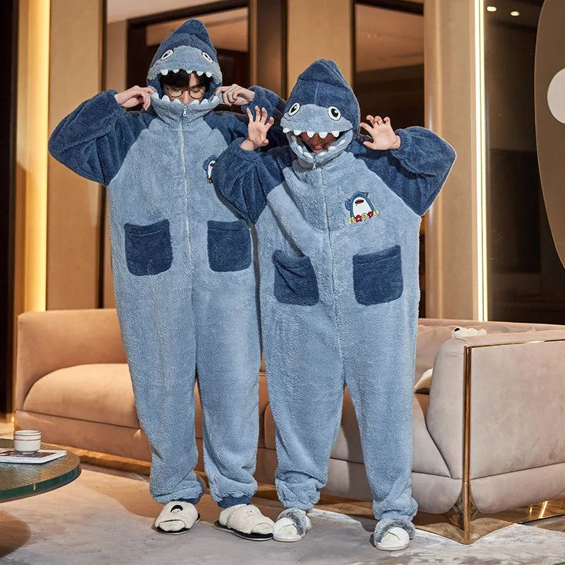 Cartoon design coral fleece winter jumpsuit for women and men