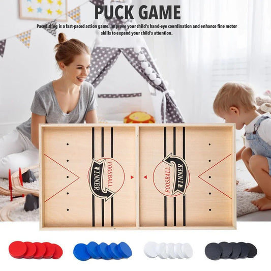 Premium solid wood puck slinging game with smooth playing surface and precision-engineered wooden pucks for interactive family fun