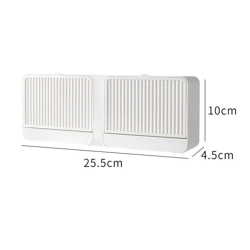 Wall-mounted bathroom storage organizer made of durable iron with compartments for storing bath essentials like sponges, soap, brushes, and towels