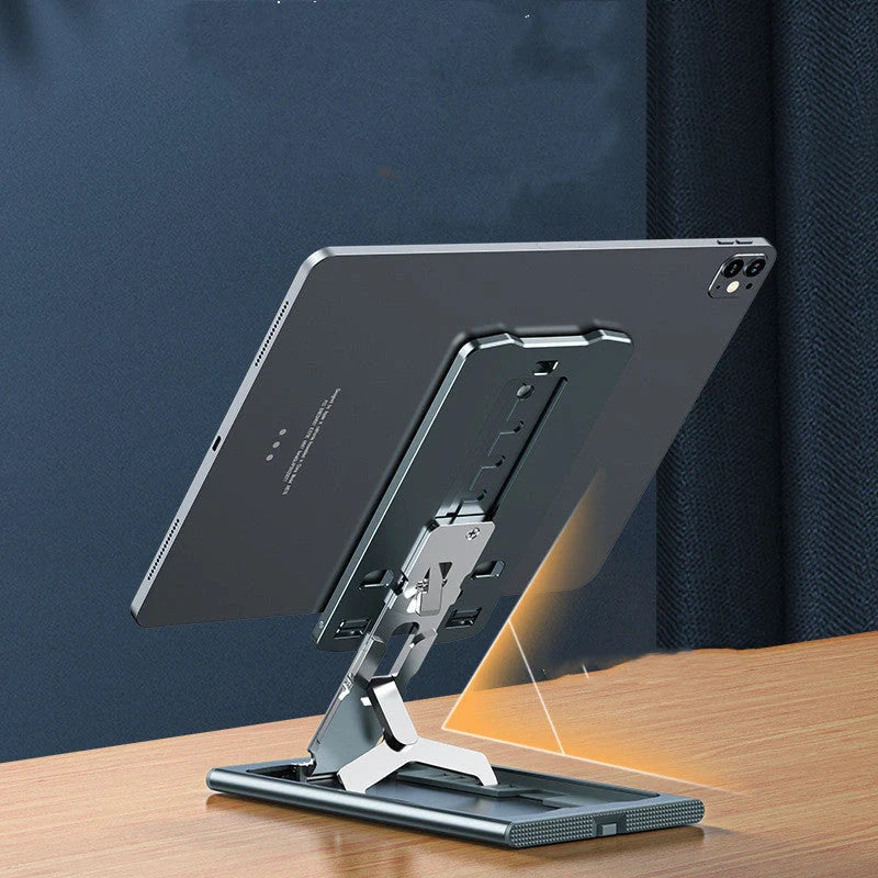 Aluminum alloy mobile phone stand in grey, rose gold, silver, and blue, adjustable and foldable