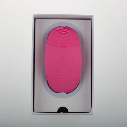 A rose red, ultrasound-powered facial cleansing device with adjustable gear positions for customised power and convenience.