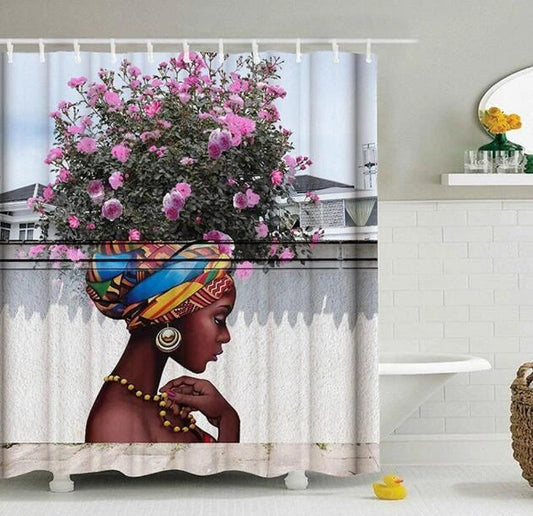 Vibrant African-inspired shower curtain with portrait of a beautiful African girl wearing earrings and bold hairstyle