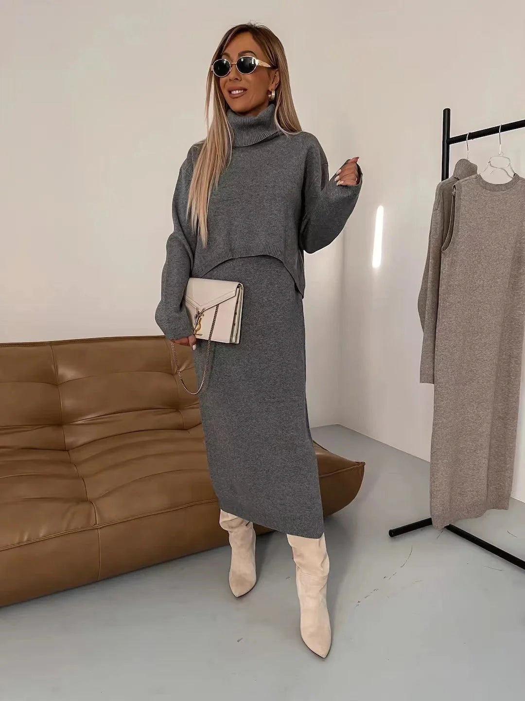 Women's winter turtleneck pullover and sleeveless long dress set in white, grey, and camel