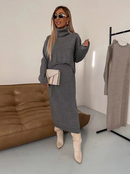 Women's winter turtleneck pullover and sleeveless long dress set in white, grey, and camel