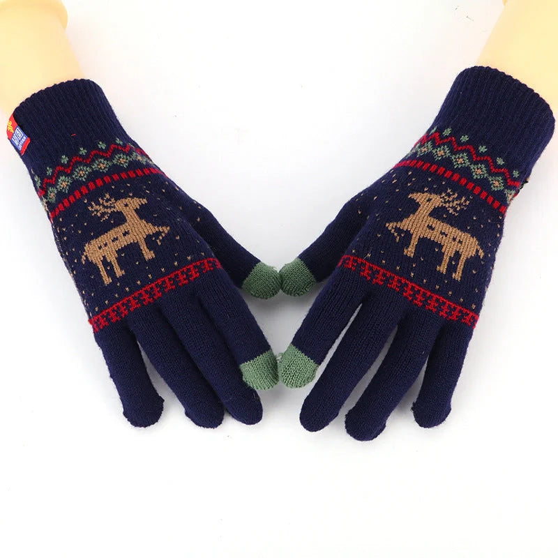 Women's deer and snowflake knitted winter gloves with touch screen functionality
