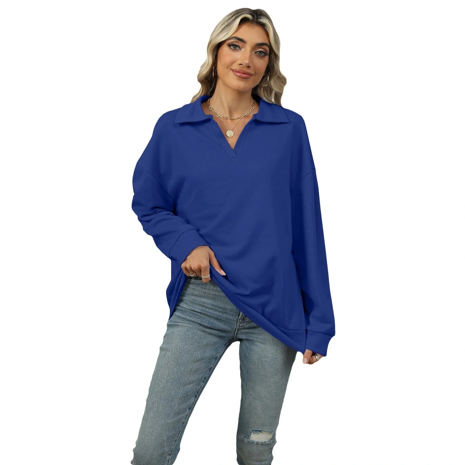 Women's Lapel V-neck Sweatshirt in solid colours with long sleeves