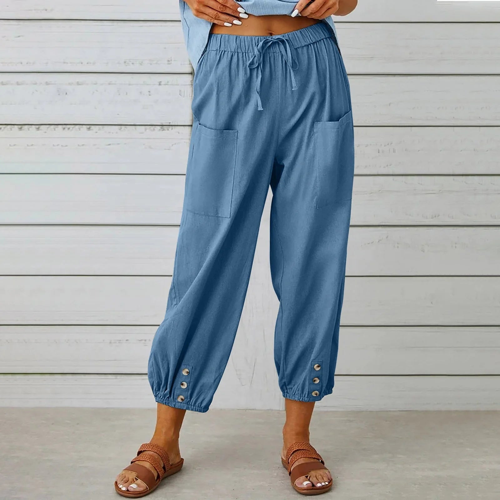 Women's cotton and linen drawstring tie pants with pockets, available in multiple colours and sizes.