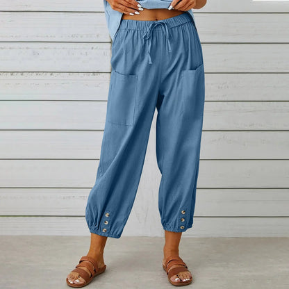 Women's cotton and linen drawstring tie pants with pockets, available in multiple colours and sizes.